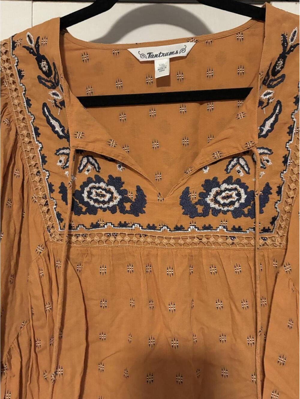 Tantrums Blouse Womens XXL Mustard Embroidered Boho Peasant Tassel Folk Top - Picture 6 of 10